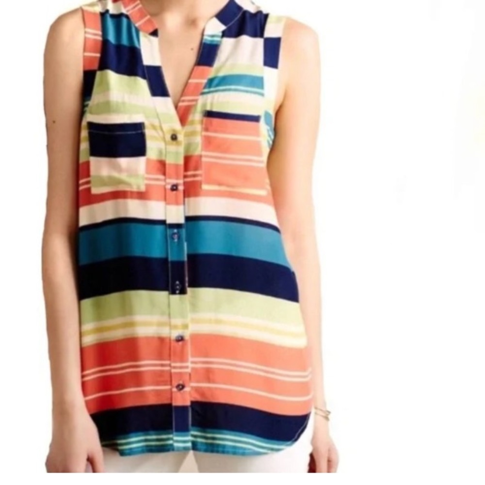 Anthropologie Striped Sleeveless Button-Front Blouse in Coral, Navy & Teal